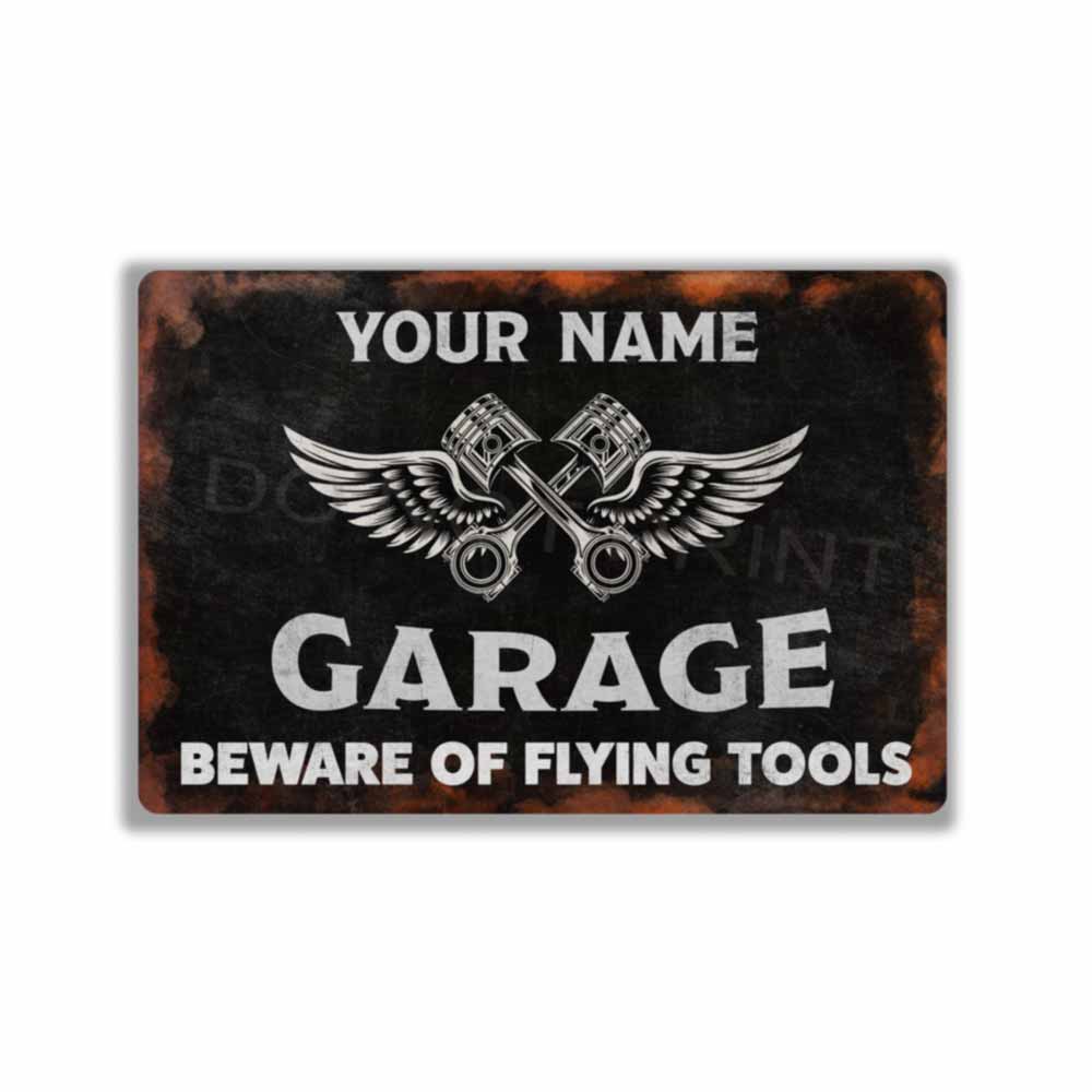 Personalized Rustic Black Garage Metal Sign Pistons and Wings -  Wall Art Vintage Metal Sign 12" x 8”