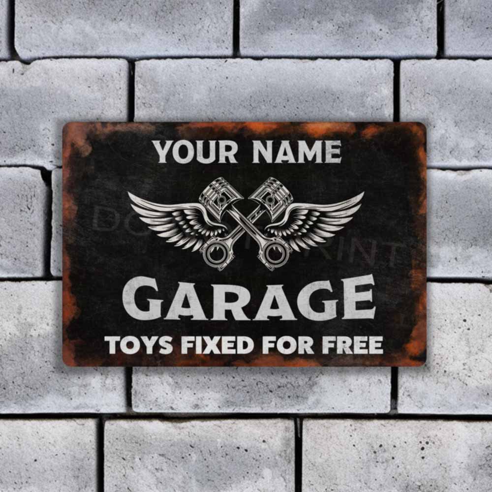 Personalized Rustic Black Garage Metal Sign Pistons and Wings -  Wall Art Vintage Metal Sign 12" x 8”