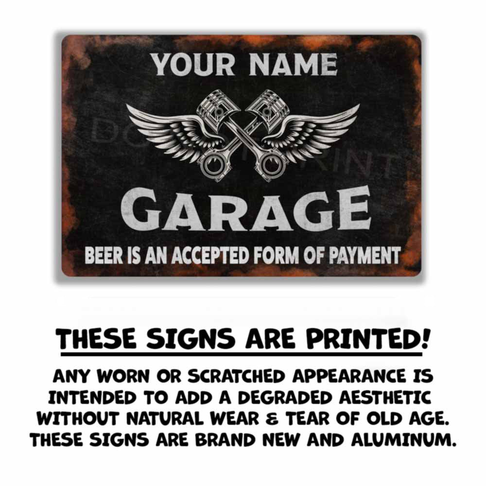 Personalized Rustic Black Garage Metal Sign Pistons and Wings -  Wall Art Vintage Metal Sign 12" x 8”
