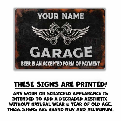 Personalized Rustic Black Garage Metal Sign Pistons and Wings -  Wall Art Vintage Metal Sign 12" x 8”