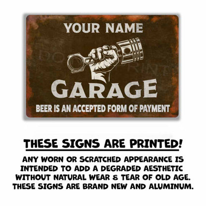 Personalized Rustic Brown Garage Metal Sign Piston and Fist - Wall Art Vintage Metal Sign 12" x 8”