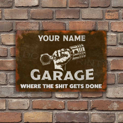 Personalized Rustic Brown Garage Metal Sign Piston and Fist - Wall Art Vintage Metal Sign 12" x 8”