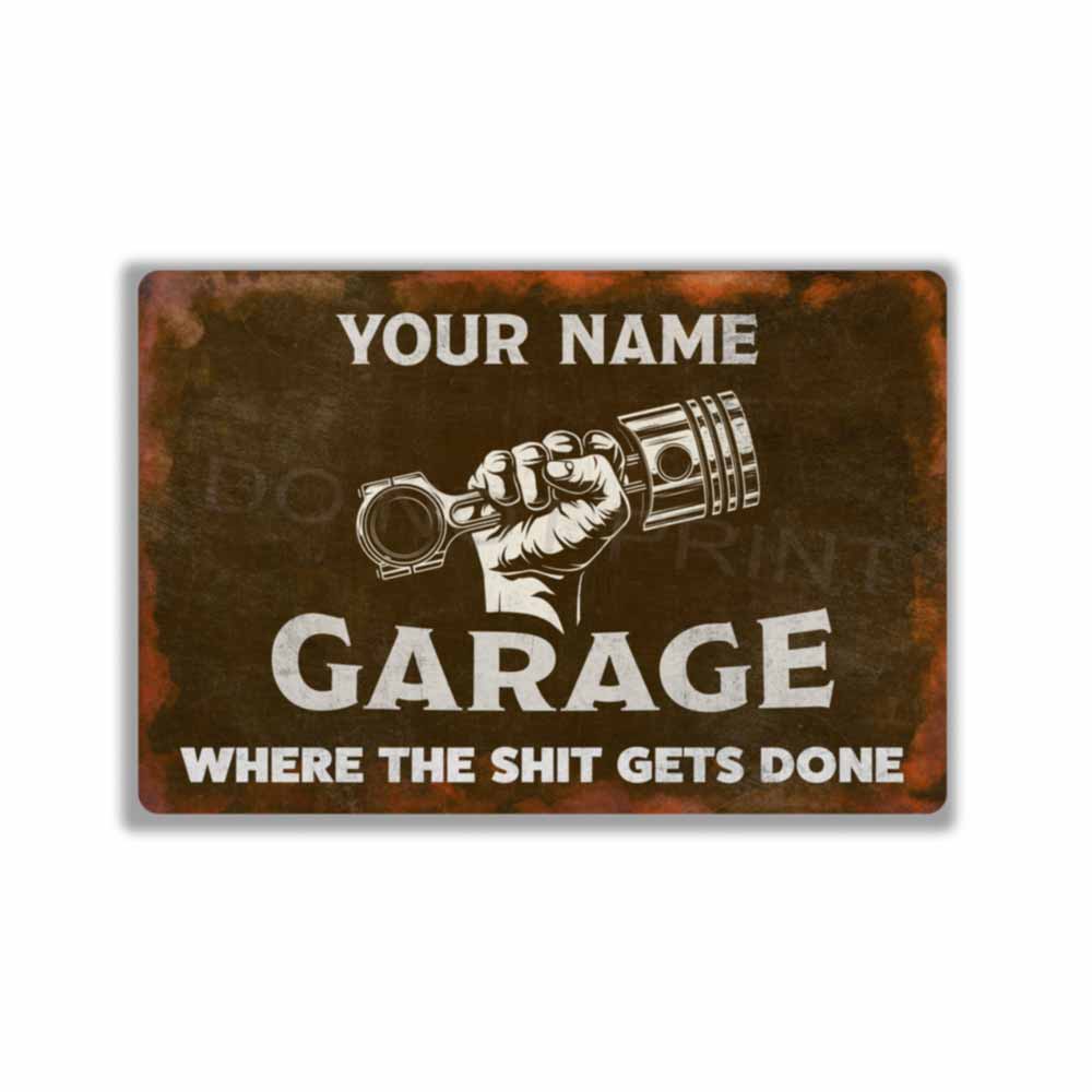 Personalized Rustic Brown Garage Metal Sign Piston and Fist - Wall Art Vintage Metal Sign 12" x 8”