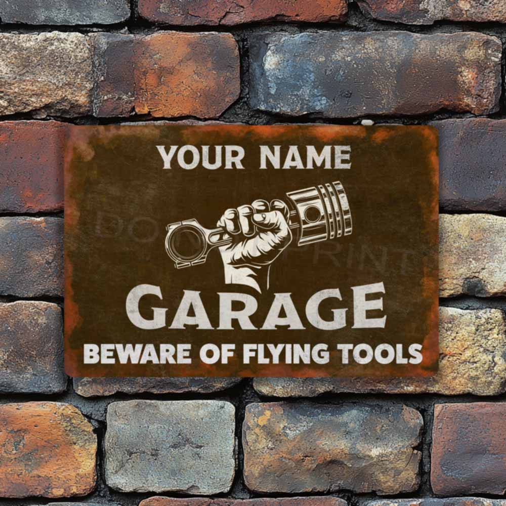 Personalized Rustic Brown Garage Metal Sign Piston and Fist - Wall Art Vintage Metal Sign 12" x 8”