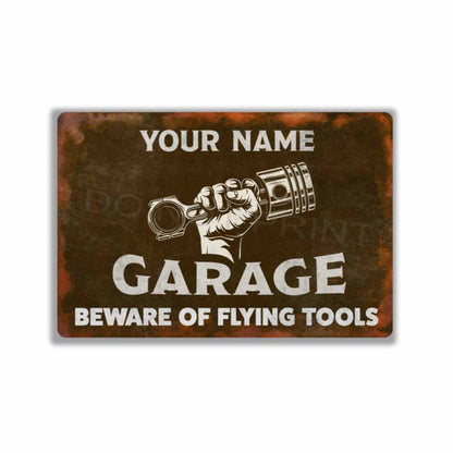 Personalized Rustic Brown Garage Metal Sign Piston and Fist - Wall Art Vintage Metal Sign 12" x 8”