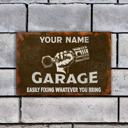 Personalized Rustic Brown Garage Metal Sign Piston and Fist - Wall Art Vintage Metal Sign 12" x 8”