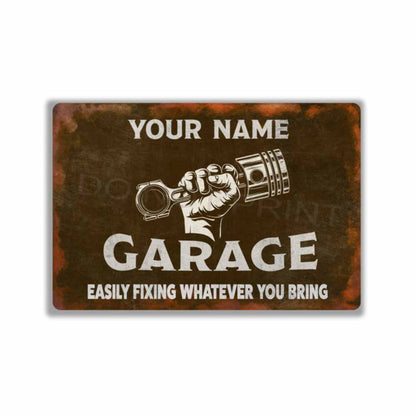 Personalized Rustic Brown Garage Metal Sign Piston and Fist - Wall Art Vintage Metal Sign 12" x 8”