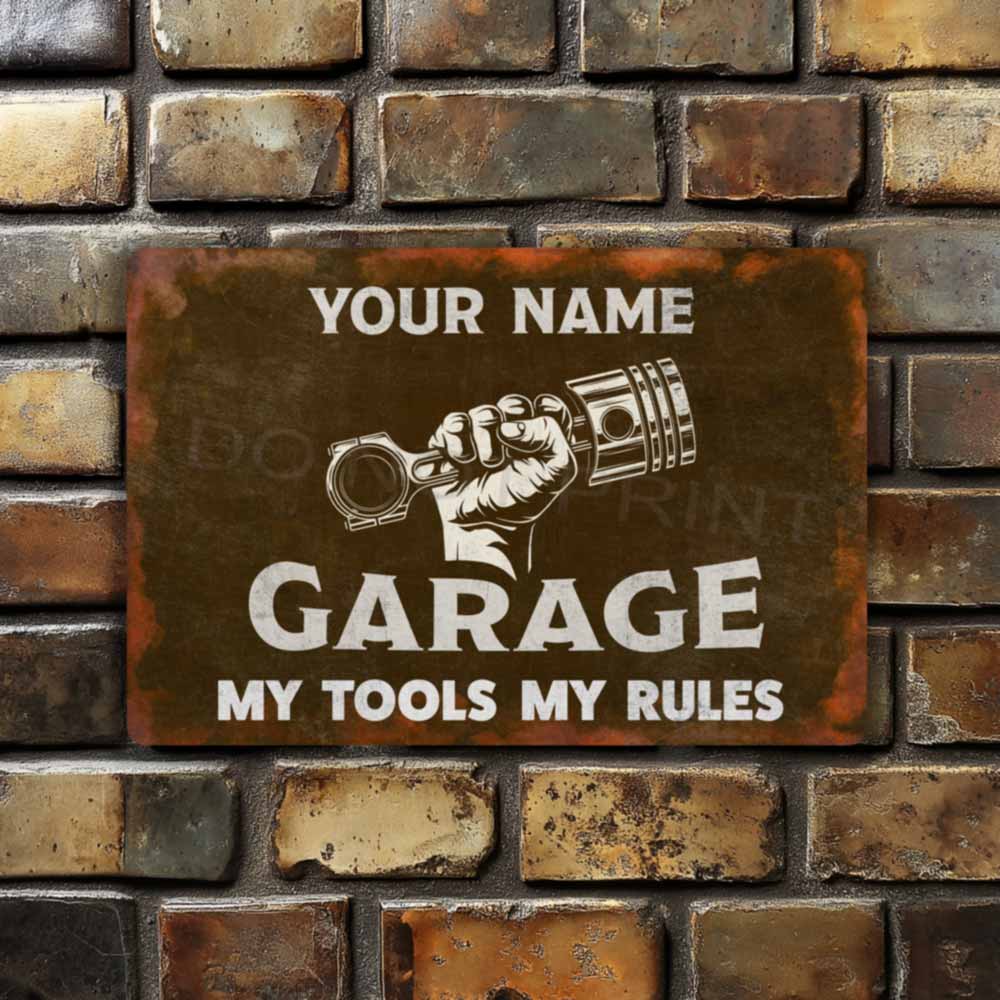 Personalized Rustic Brown Garage Metal Sign Piston and Fist - Wall Art Vintage Metal Sign 12" x 8”