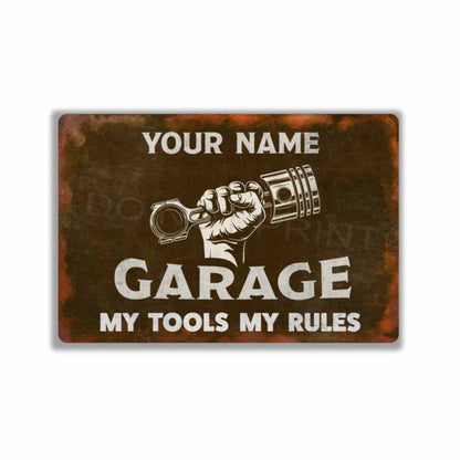 Personalized Rustic Brown Garage Metal Sign Piston and Fist - Wall Art Vintage Metal Sign 12" x 8”