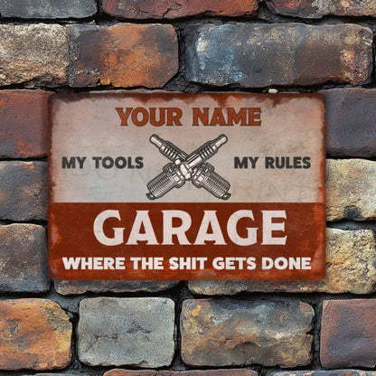 Personalized Rustic Red and White Garage Metal Sign -  Wall Art Vintage Metal Sign 12" x 8”