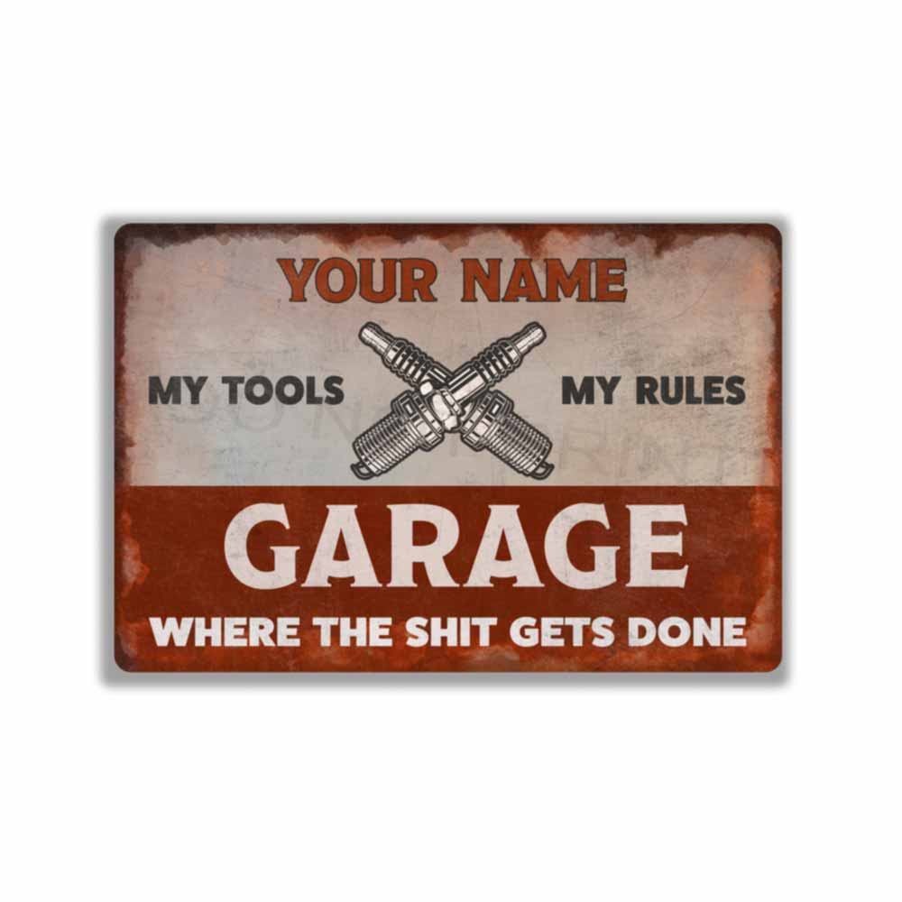 Personalized Rustic Red and White Garage Metal Sign -  Wall Art Vintage Metal Sign 12" x 8”