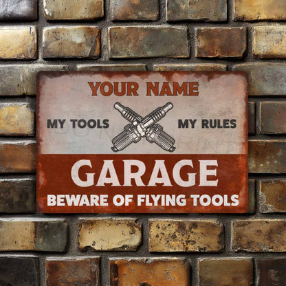 Personalized Rustic Red and White Garage Metal Sign -  Wall Art Vintage Metal Sign 12" x 8”