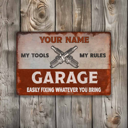 Personalized Rustic Red and White Garage Metal Sign -  Wall Art Vintage Metal Sign 12" x 8”