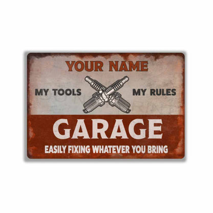 Personalized Rustic Red and White Garage Metal Sign -  Wall Art Vintage Metal Sign 12" x 8”