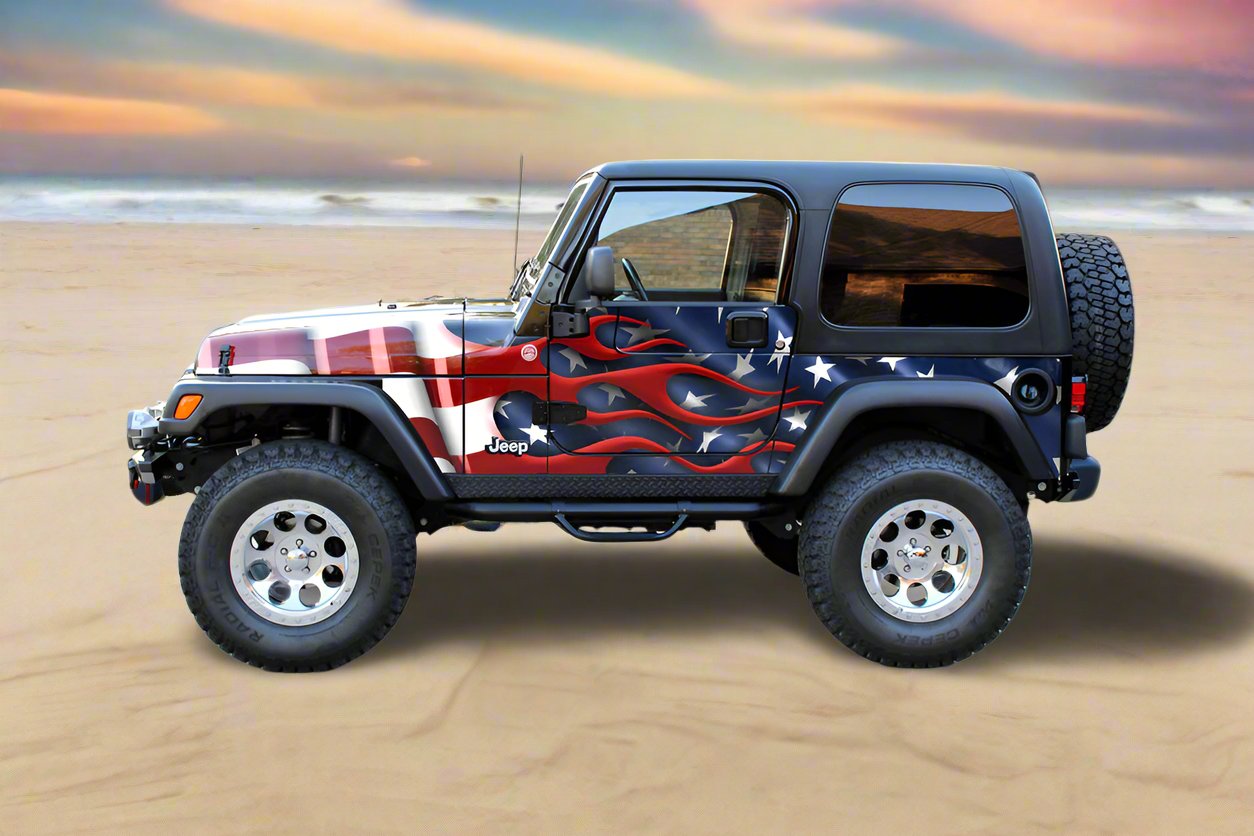 Flaming American Flag Jeep Wrangler TJ Trail Armo Wrap 