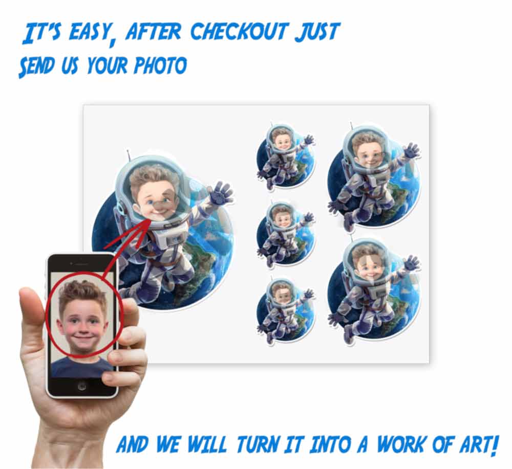 Personalized Child Lost in Space Caricature from Photo Sticker - 6 Pack