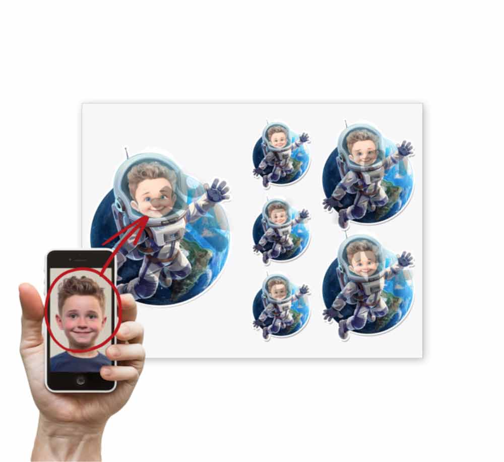 Personalized Child Lost in Space Caricature from Photo Sticker - 6 Pack