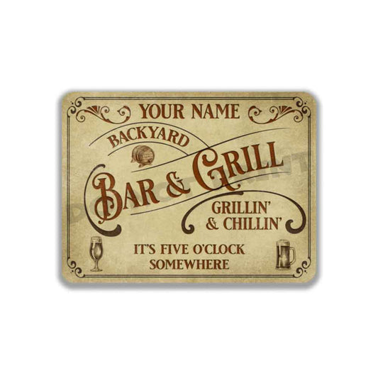 Personalized Backyard Bar and Grill Parchment Metal Sign - Vintage Pub Sign Classic Wall Art Metal Sign 12" x 9”