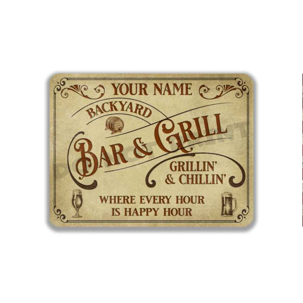 Personalized Backyard Bar and Grill Parchment Metal Sign - Vintage Pub Sign Classic Wall Art Metal Sign 12" x 9”