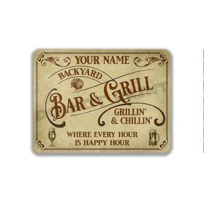 Personalized Backyard Bar and Grill Parchment Metal Sign - Vintage Pub Sign Classic Wall Art Metal Sign 12" x 9”