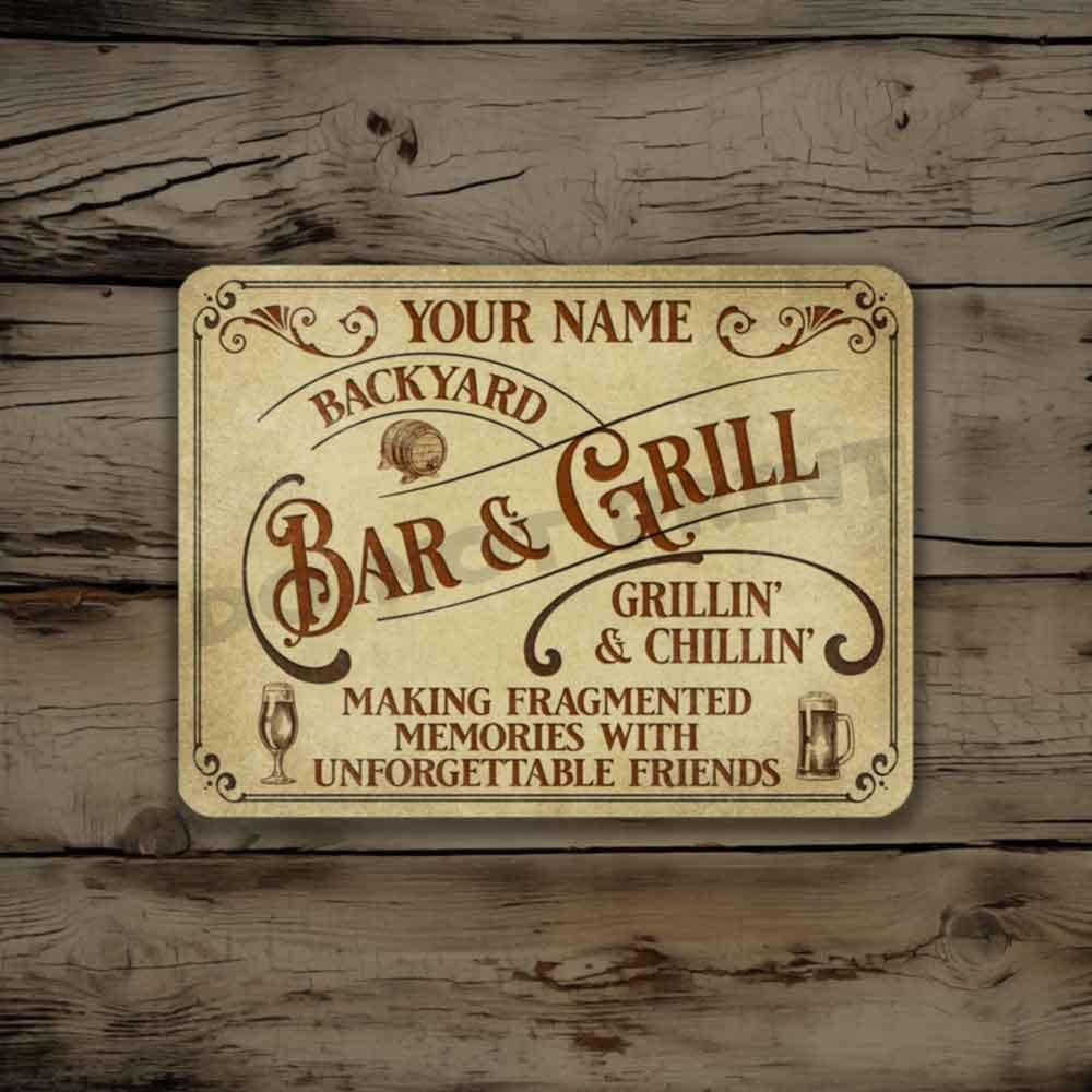 Personalized Backyard Bar and Grill Parchment Metal Sign - Vintage Pub Sign Classic Wall Art Metal Sign 12" x 9”