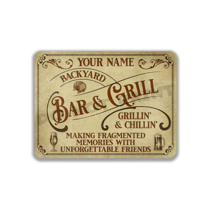 Personalized Backyard Bar and Grill Parchment Metal Sign - Vintage Pub Sign Classic Wall Art Metal Sign 12" x 9”