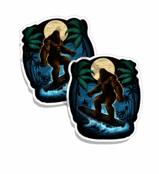 Bigfoot Surfing Tropical Die Cut Mirrored Stickers