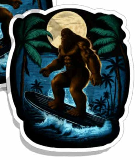 Bigfoot Surfing Tropical Die Cut Mirrored Stickers RIGHT