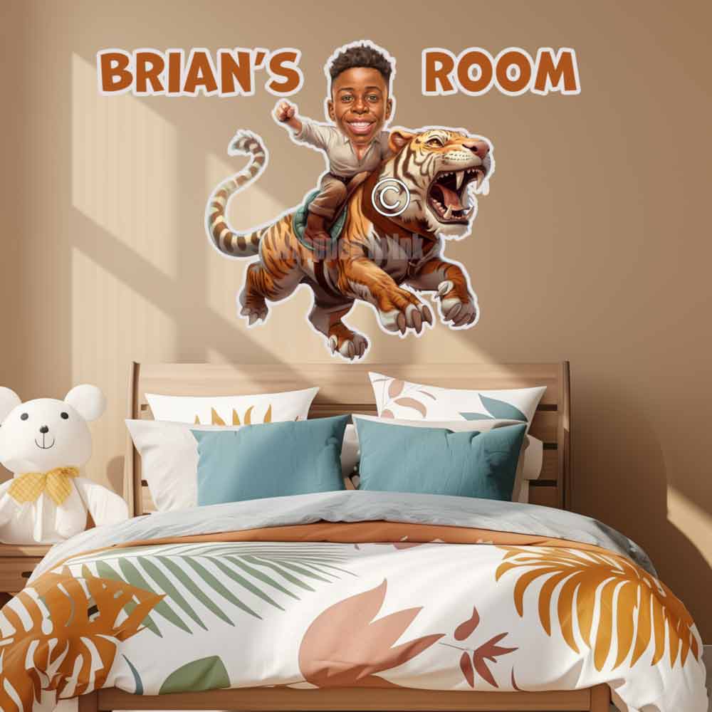 Boy Riding a Tiger Cartoon From Photo Caricature Wall Decals