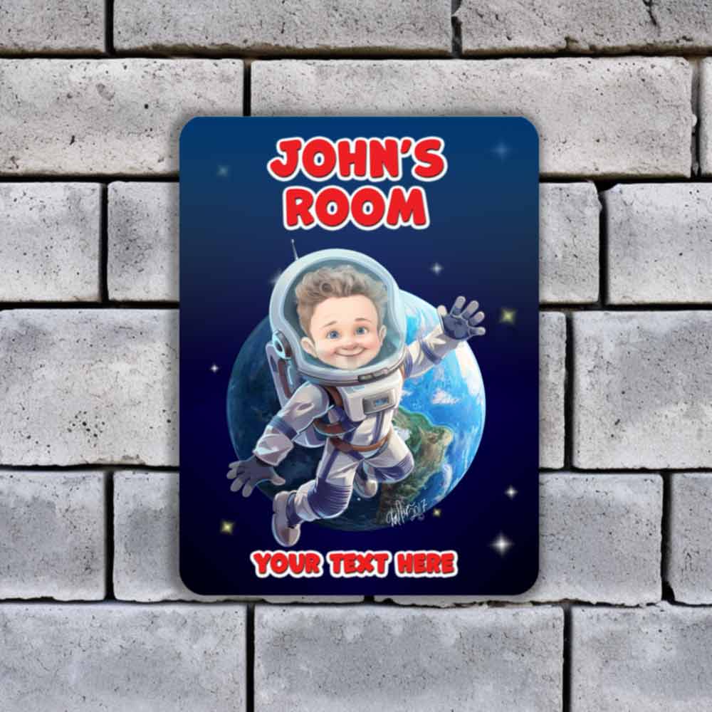 Child Astronaut in Space Caricature Metal Sign Portrait from Photo 12" x 9”