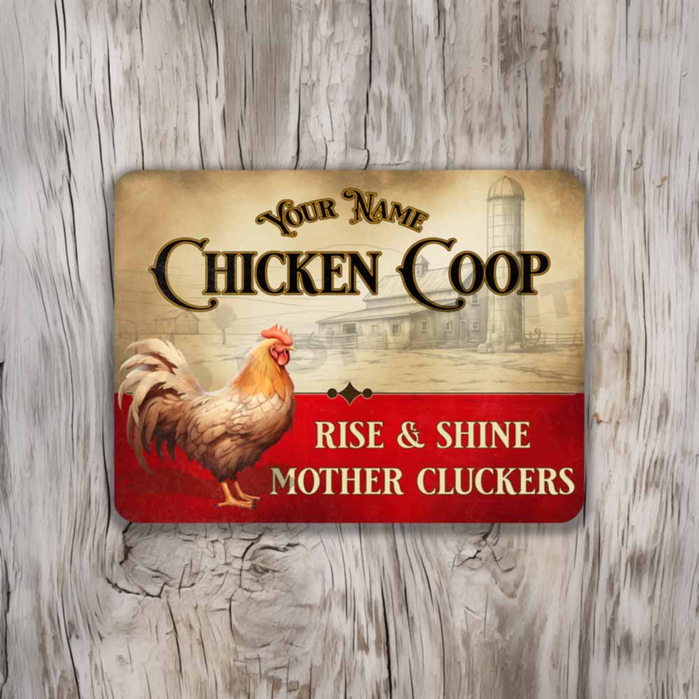 Personalized Red and White Chicken Coop Sign Rise and Shine Mother Cluckers