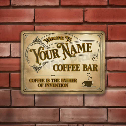 Personalized Coffee Bar Sign Vintage Old Light Café Metal Sign Coffee is the Father of Invention