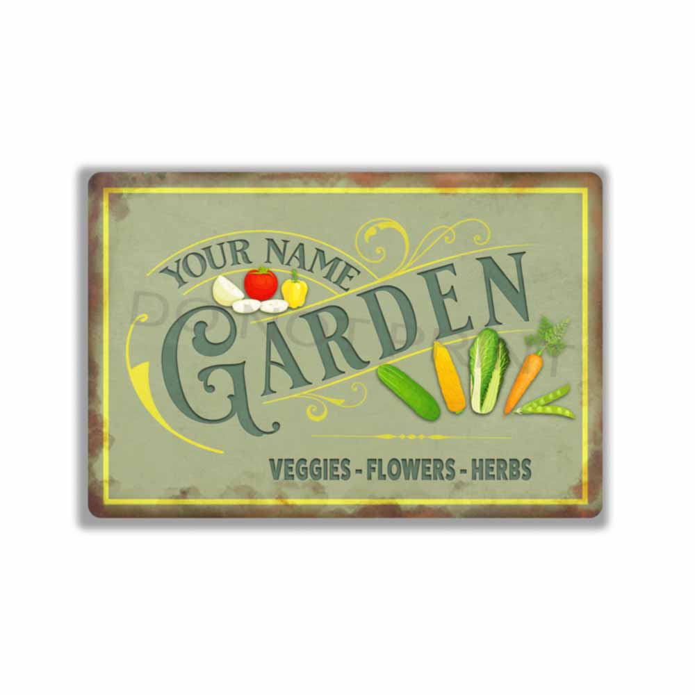 Personalized Green Metal Garden Sign - Wall Art Vintage Metal Sign 12" x 8”