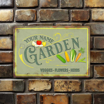 Personalized Green Metal Garden Sign - Wall Art Vintage Metal Sign 12" x 8”