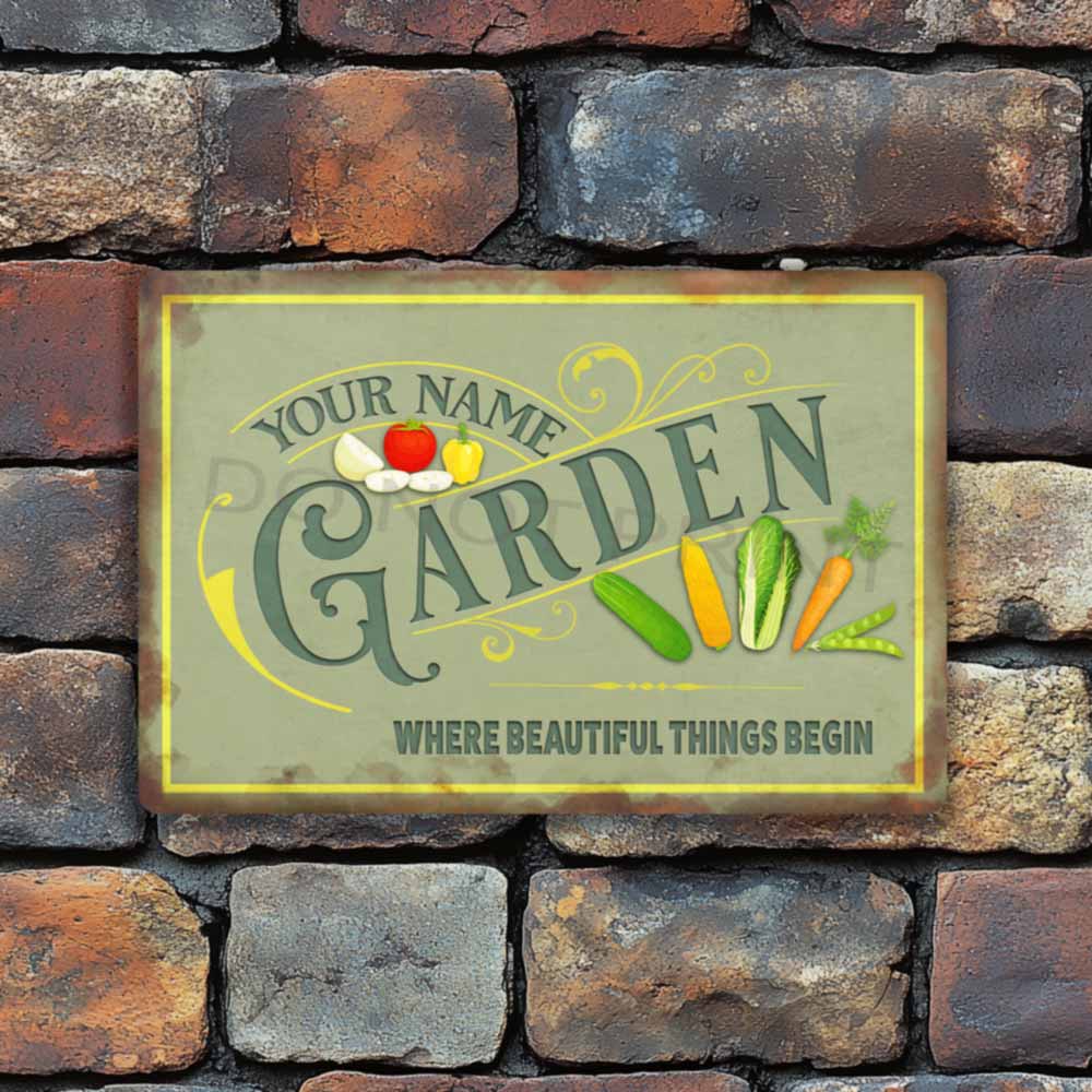 Personalized Green Metal Garden Sign - Wall Art Vintage Metal Sign 12" x 8”