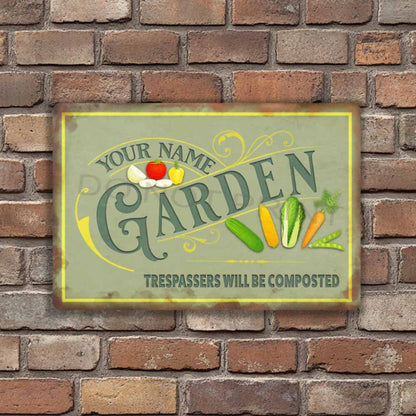 Personalized Green Metal Garden Sign - Wall Art Vintage Metal Sign 12" x 8”