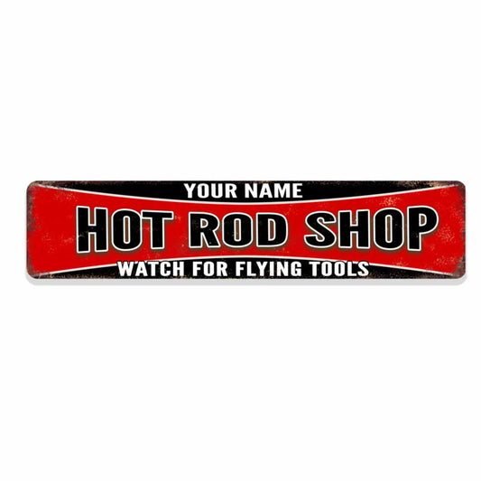 Personalized Hot Rod Shop Sign Metal Sign - 18" x 4" Man Cave Den Game Room Garage Classic Metal Sign- Backyard Sign