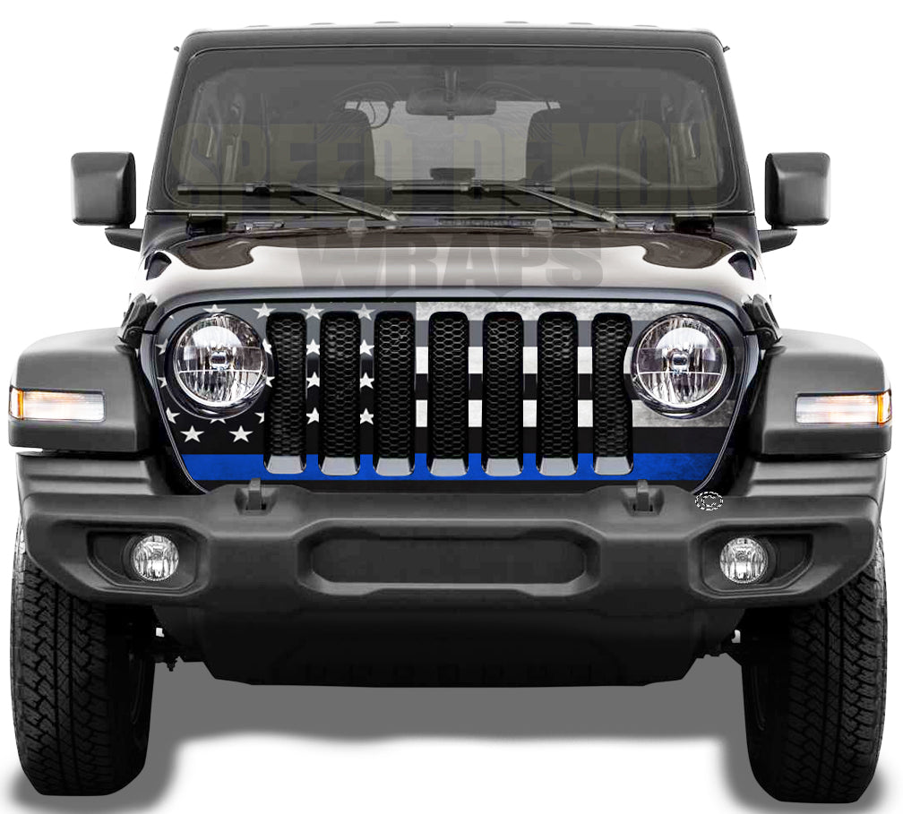 Pre-cut Jeep Wrangler Grill Wrap American Flag Thin Blue Line 