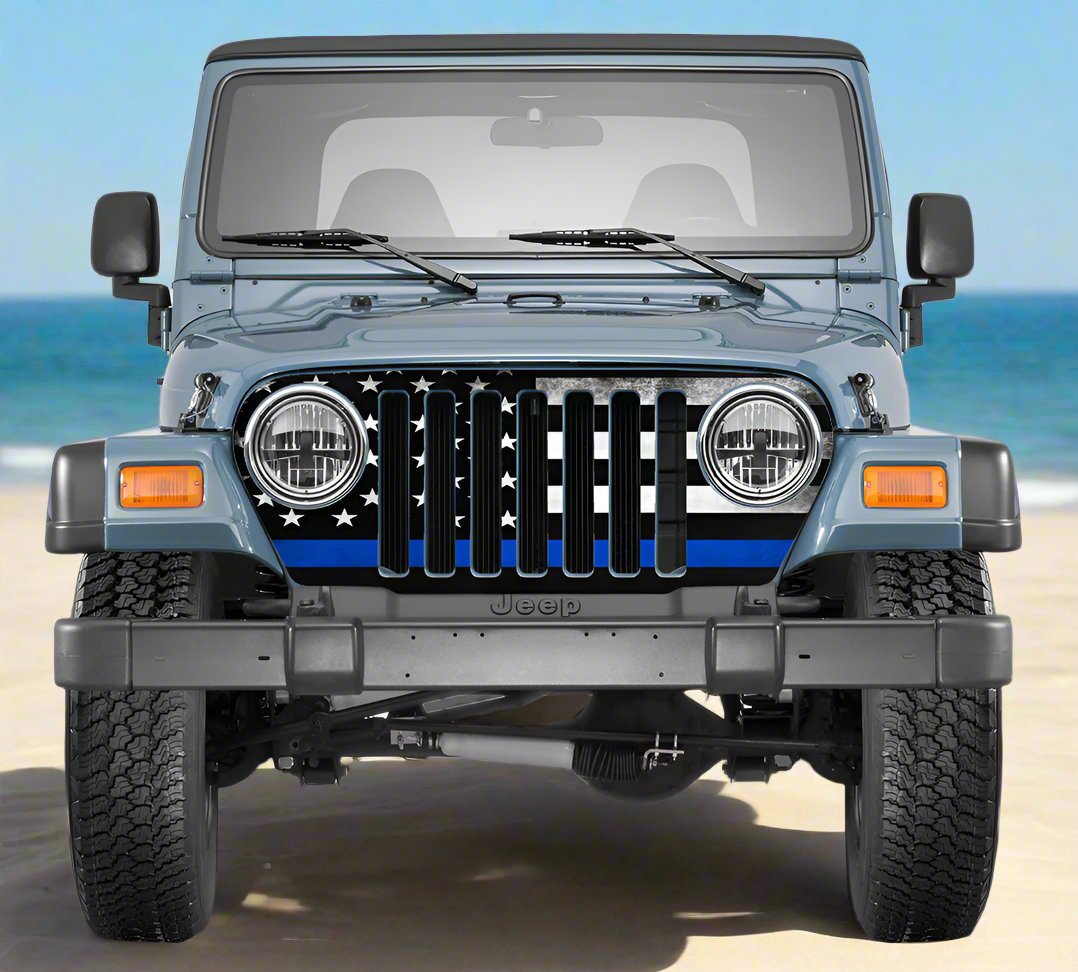 1997-2006 TJ Jeep Wrangler Grill Wraps American Flag Subdued Blue Line