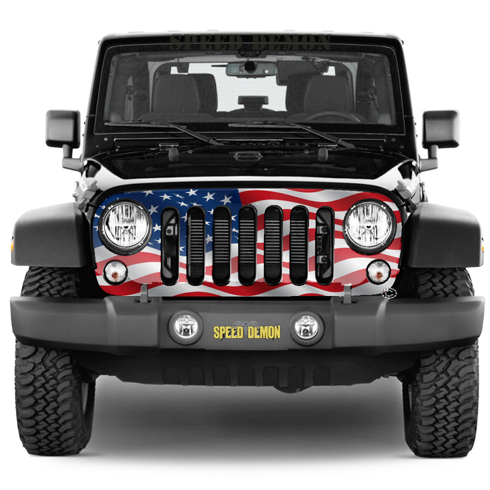 Wrappin' In Ink American Flag Waving Grill Wrap For Jeep Wrangler (2007-2018) – Red, White & Blue