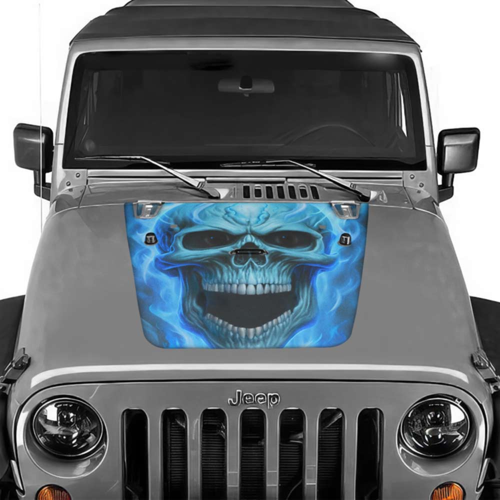 Jeep Wrangler Hood Decal Flaming Skull Blue 2007-2017 Jk