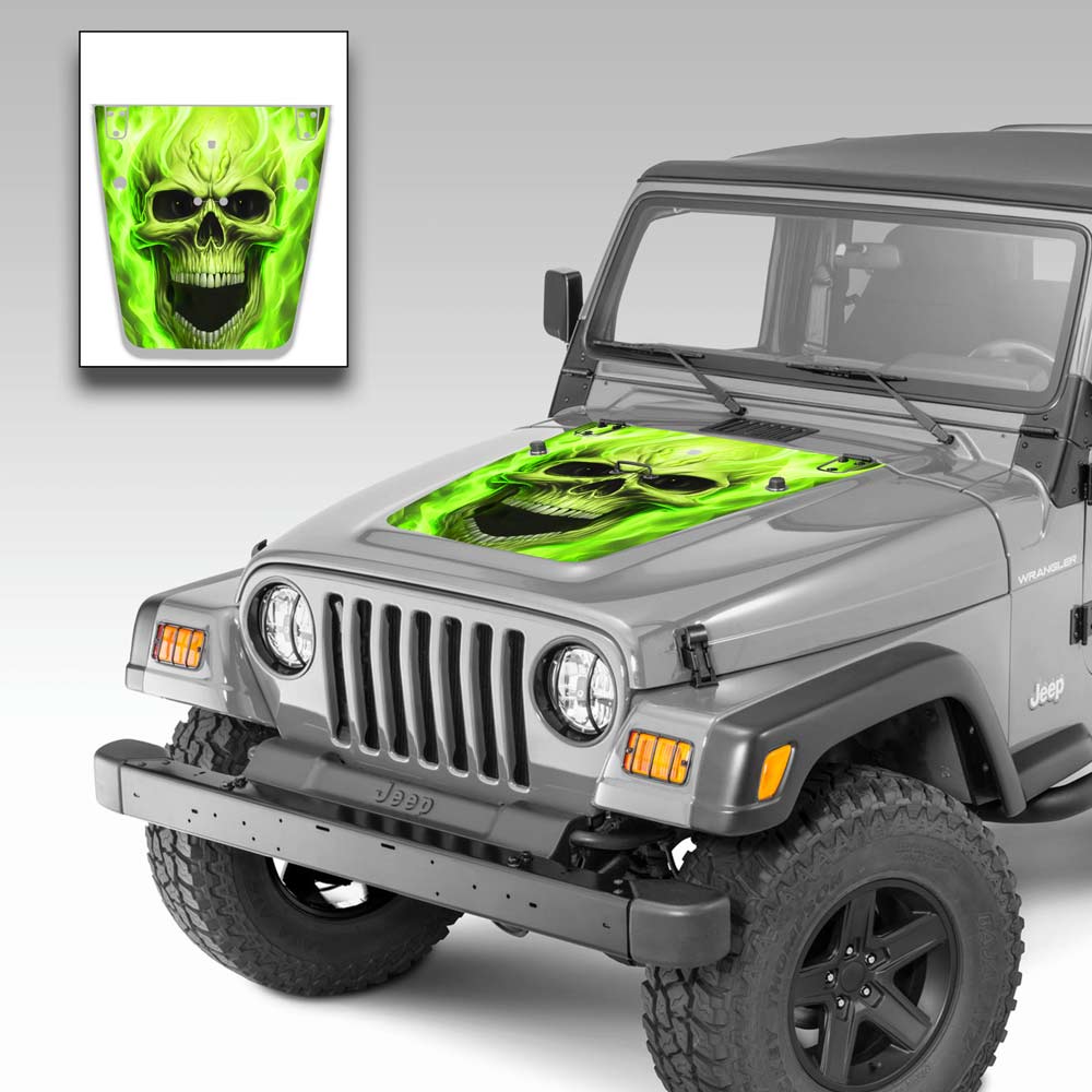 Jeep Wrangler Hood Stripe Flaming Skull Kit for Jeep TJ 1996-2006 Green Shorty