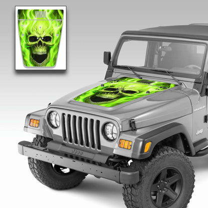 Jeep Wrangler Hood Vinyl Graphics Decal Flaming Skull Kit for Jeep TJ 1996-2006 Green