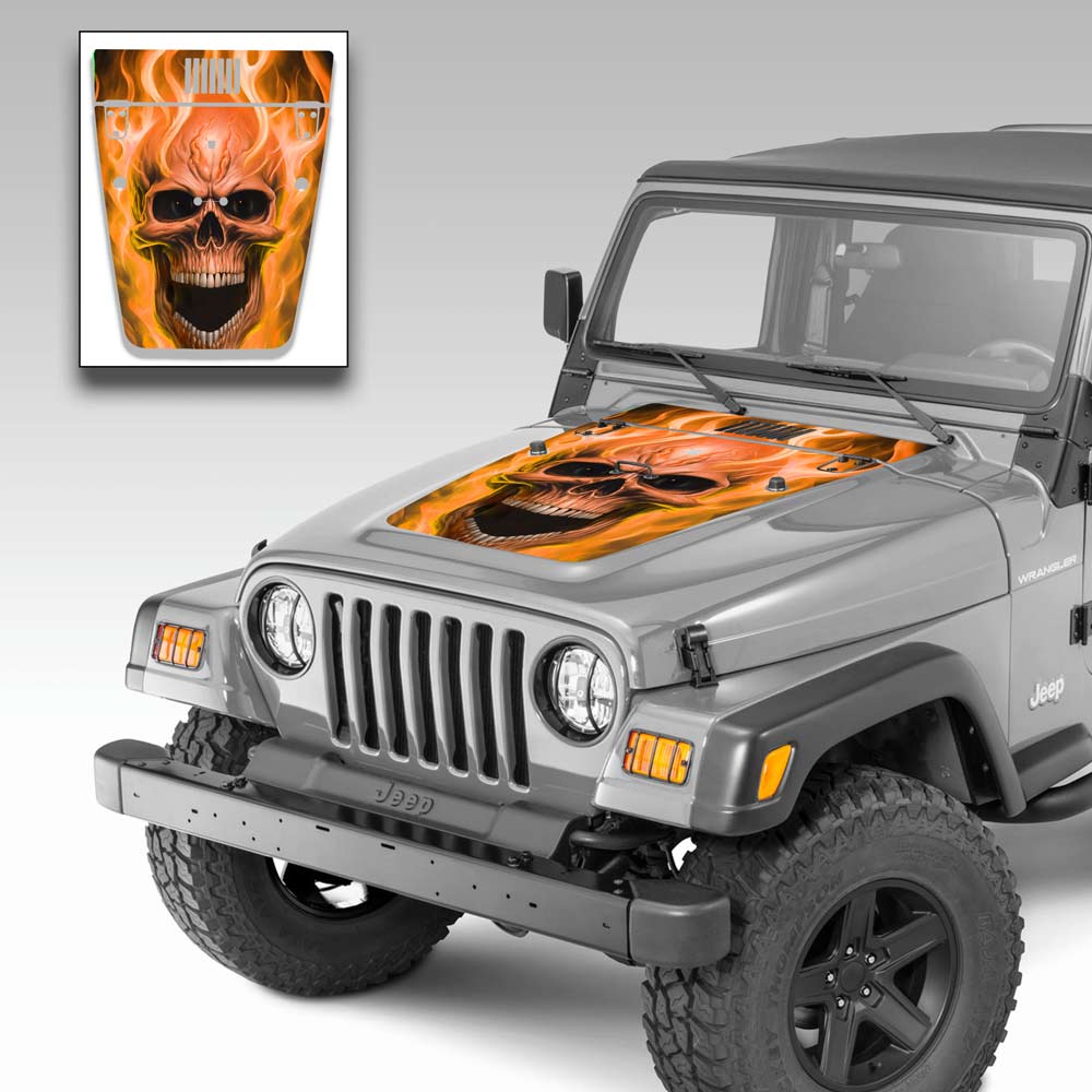 Jeep Wrangler Hood Vinyl Graphics Decal Flaming Skull Kit for Jeep TJ 1996-2006 Orange