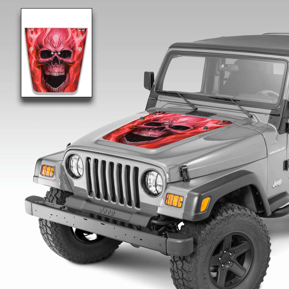 Jeep Wrangler Hood Vinyl  Decal Flaming Skull Kit for Jeep TJ 1996-2006 Red Shorty