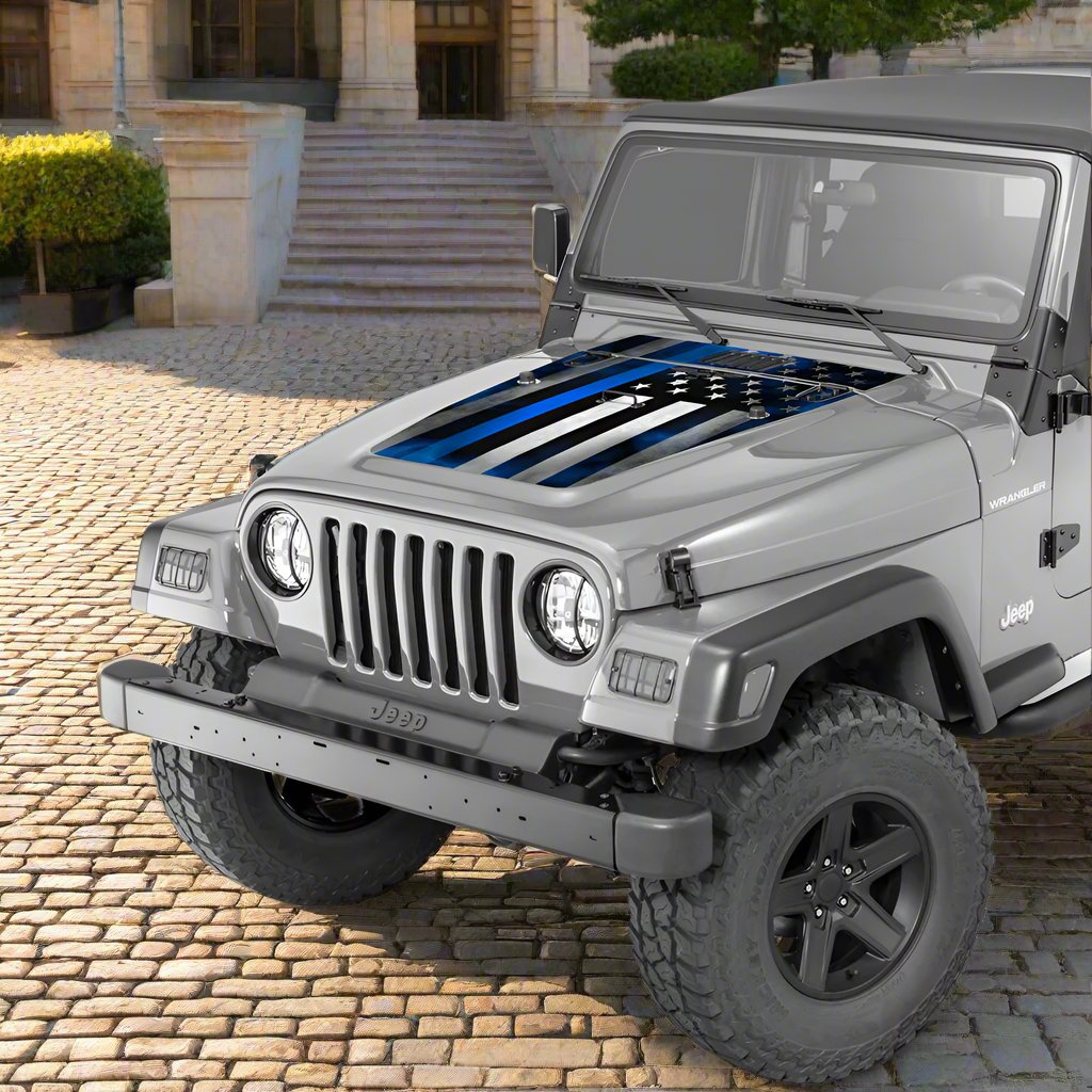 Jeep Wrangler Hood Decal American Flag Blue Line  1996-2006