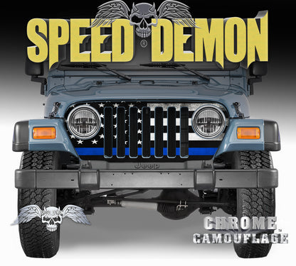 1997-2006 TJ Jeep Wrangler Grill Wraps American Flag Subdued Blue Line