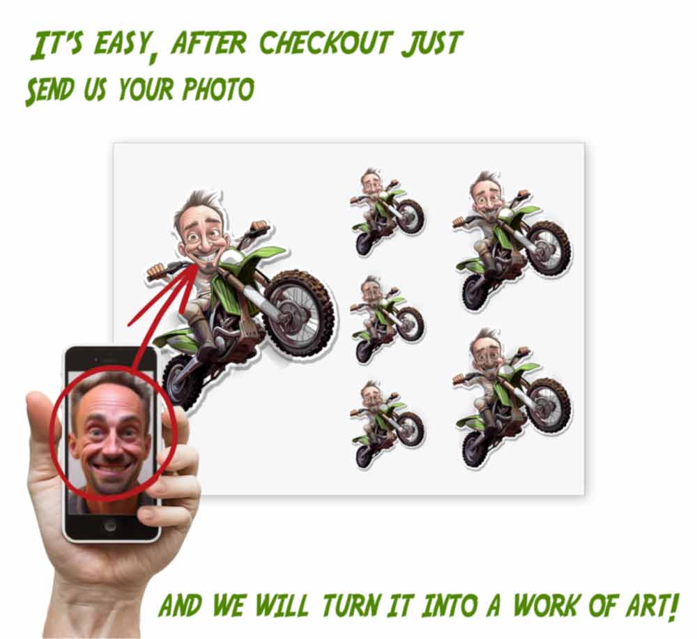 Personalized Motocross Caricature from Photo Dirt Bike Sticker - 6 Pack