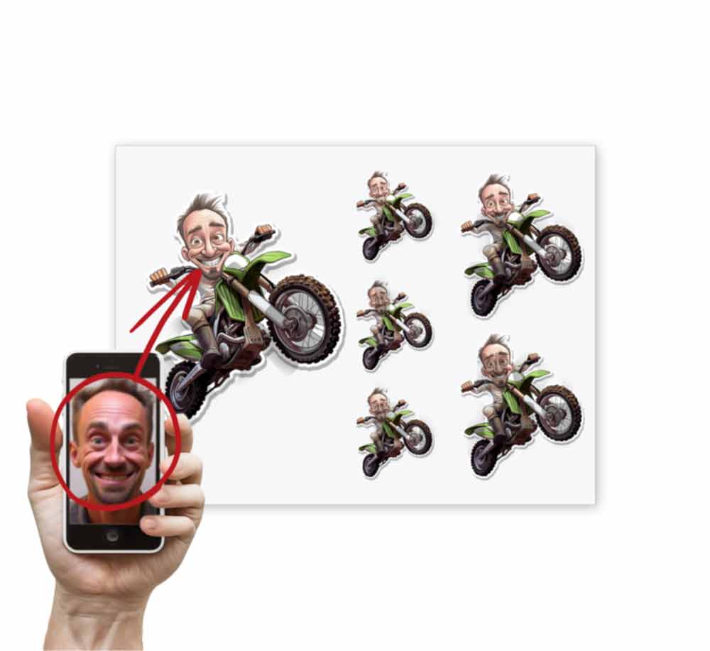 Personalized Motocross Caricature from Photo Dirt Bike Sticker - 6 Pack