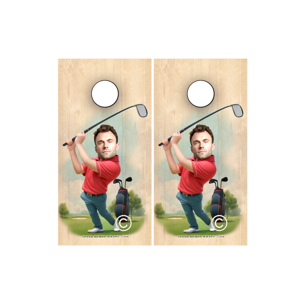 Personalized  Cornhole Wrap - Golfing Cartoon Caricature 